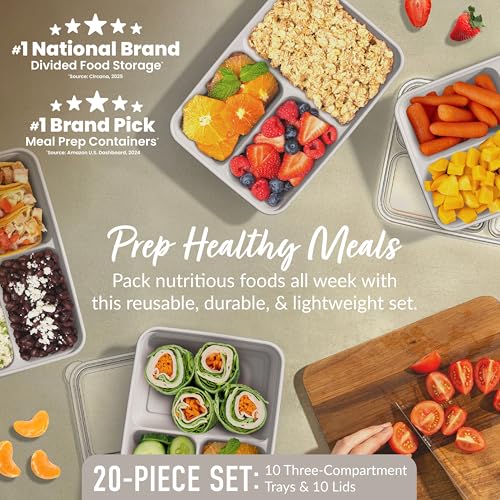 Prep 3 Compartment Meal Prep Containers with Lids (Stone Gray)