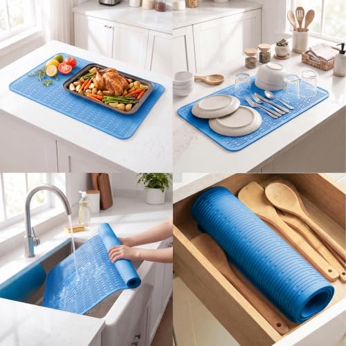 Silicone Dish Drying Mat for Multiple Usage (Lichen Blue / 32"L x 18"W)