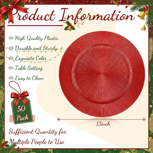 50 Pcs Red Charger Plates 13" Plastic Round Charger Dinner Plates (Modern Style / Red)