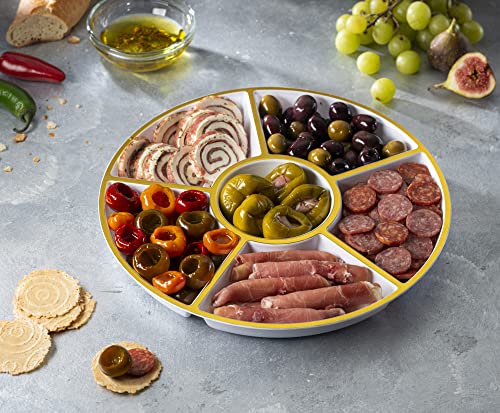 6 Sectional Round Plastic Serving Tray (White & Gold)
