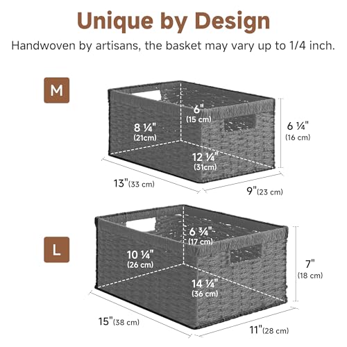 Wicker Storage Baskets for Organizing (Black (Paper Rope) / 15"L x 11"W x 7"H + 13"L x 9"W x 6¼"H)