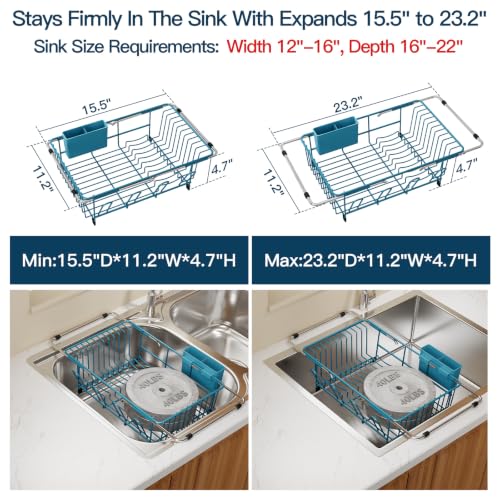Blue Expandable Dish Drying Rack Over Sink with Anti (Blue / For 11.5"-16" W Sink with Cup Holder)