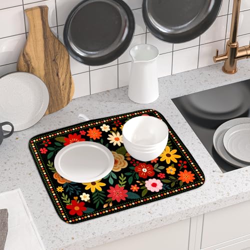 Boho Floral Dish Drying Mat 16x18 Inch Colorful Flower Dishes Dry Mats Absorbent Washable Drainer Rack Pad Protective Kitchen Counter Decor (Black Boho Floral / 16" x 16")