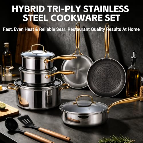 17 Pcs Stainless Steel Cookware Set (Stainless Steel & Gold Handle)