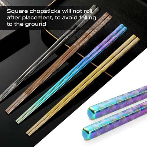 8 Pairs Metal Chopsticks Reusable Multicolor Stainless Steel Chopsticks Set Laser Engraved Non (Multicolor 304 stainless steel)