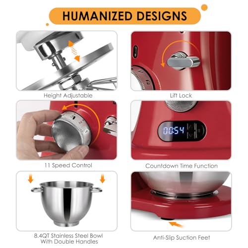 8.4QT Commercial Stand Mixer 800W with Aluminum Die Casting Meets the Standard of NSF (Red 8.4QT)