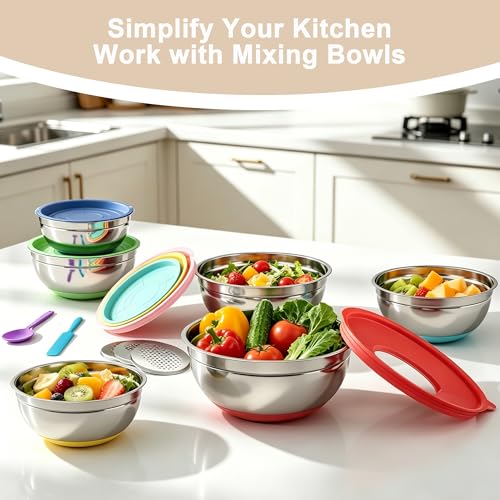 Stainless Steel Mixing Bowls Set with Lids (Colorful)