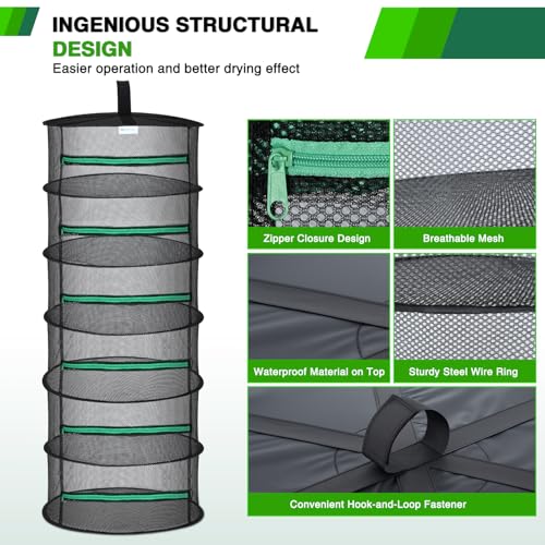 6 Layer Herb Drying Rack Hanging Mesh Net Foldable Plant Drying Racks 24" Diameter with Green Zipper & Hook Dryer Hanging Rack for Herbs Seed Bud Fruit Clothes Grow Tent Closets Garden Outdoor