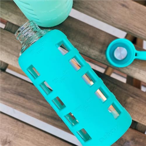 40oz / 32oz / 22oz / 12oz Borosilicate Glass Water Bottle with Time & Volume Markers, Silicone Sleeve, Stainless Steel Lid | Reusable Glass Bottle for Water & Juice (22oz Aqua Blue) (Aqua Blue (1 Count) / 22 Ounces)