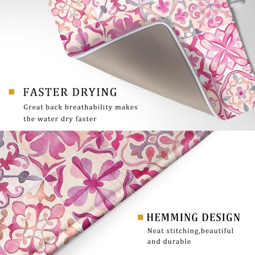 Pink Mexican Tiles Dish Drying Mat Absorbent Microfiber Dish Drying Pad for Kitchen Multi (Mexican Tiles Pink / 24" x 18")