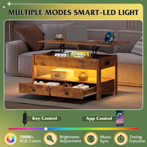 Lift Top Coffee Table with LED and 2 Drawers (Led+brown / 39" with Drawer)