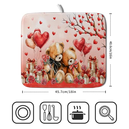 Valentines Day Dish Drying Mat Bear Lover Absorbent Kitchen Drying Mats for Countertops 18 X 16 (Red Bear Lover / 18" x 16")