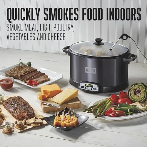 2-in-1 Programmable Slow Cooker & Electric Indoor Smoker, 6 Quart, 3-Tier Smoking Rack for Meat, Cheese and More, Dishwasher Safe Crock, Temperature Probe, Includes 16 oz. Party Dipper, Black (Black (With Party Dipper) / 6 Quart)
