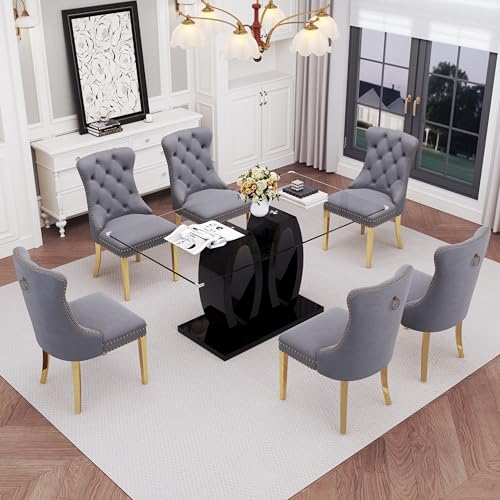 63" Glass Dining Table Set for 6 (Black Table & Gold Grey Chair / 7-Piece Set-Double O-Shaped Table)