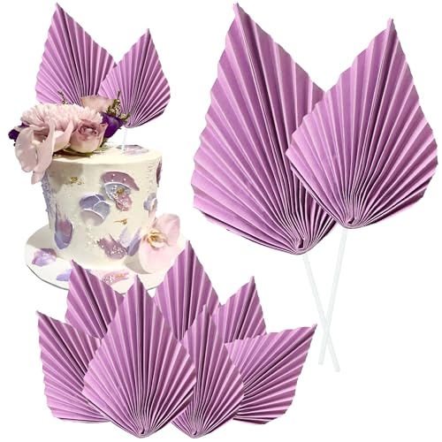 6Pcs Paper Palm Fan Cake Toppers Palm Leaf Fan Cake Topper Palm Spear Leaf Cupcake Toppers Cake Insert Decoration For Cake Decorating Diy Craft Project Home Wedding Party Supplies Purple (6 Count)
