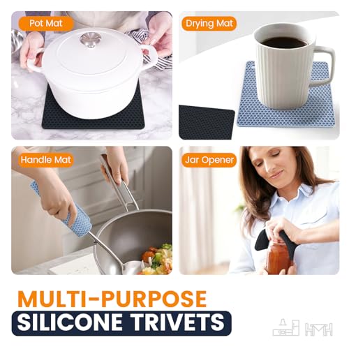 Silicone Trivet Mats 4 Heat Resistant Pot Holders Multipurpose Non (Black Nordic Blue)