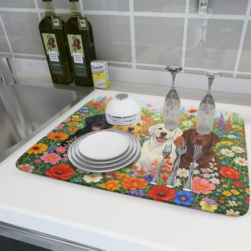 Spring Absorbent Drying Mat Colorful Flowers Dog Dish Drying Mat for Kitchen Counter 18 X 24 In (Flower Dog Colorful / 24" x 18")