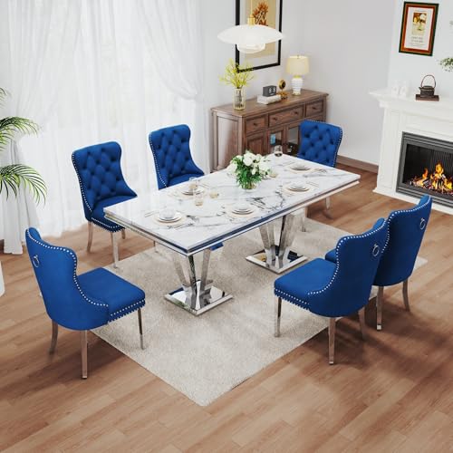 7 Piece Luxury Dining Room Set (Silver White + Blue / Dining Table + 6 Velvet Chair)