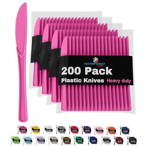 Hot Pink Plastic Knives 200 Pcs Hot Pink Knives Disposable Utensils Heavy Duty Plastic Cutlery Set Disposable Cutlery Sets Flatware Sets Silverware Set Party Supplies & Party Tableware (Cerise / Knives)
