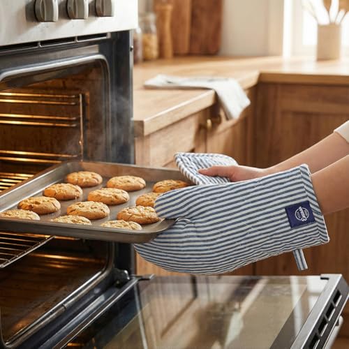 Oven Mitts and Pot Holders Set (Oven Glove + Pot Holder / Ticking Navy Blue)