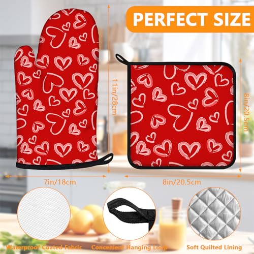 White Love Hearts Oven Mitts and Valentine's Day Pot Holders Sets 4Pcs (White Love Hearts)