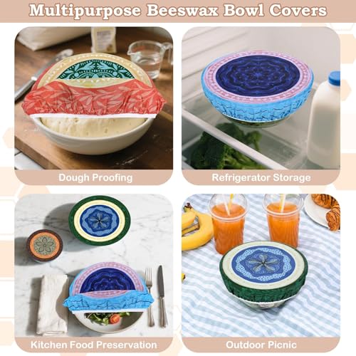 5Pcs Reusable Beeswax Elastic Bowl Covers for Bread Proofing and Food Cover (Colorful Concentric Circle)