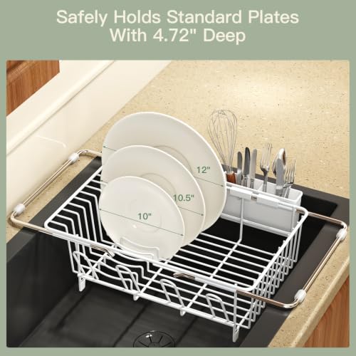 White Expandable Dish Drying Rack Over Sink with Extra Drying Mat (White / For 11.5"-16" W Sink with Cup Holder & Mat)