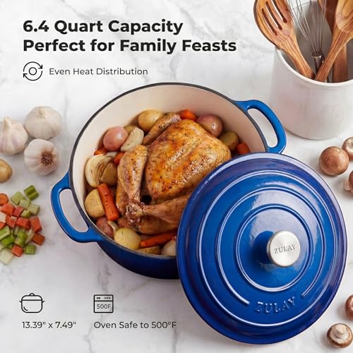 6.4QT Enameled Cast Iron Dutch Oven Pot with Lid (Blue / 6.4 Quart)