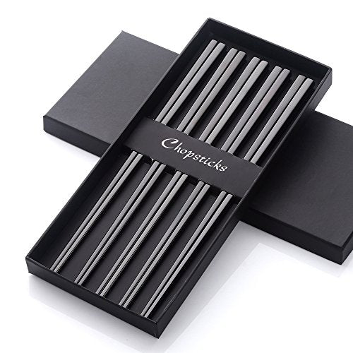 5 Pair Stainless Steel Black Metal Reusable Chinese Square Chopsticks (Black)