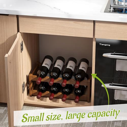 Bamboo Wine Rack Wine Storage Cabinet Shelf 8 Bottle Wine Racks Countertop Sturdy for Kitchen Dining Room Pantry (Brown / 2 Tier)