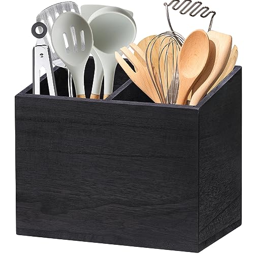 Wooden Kitchen Utensil Caddy With 2 Compartments