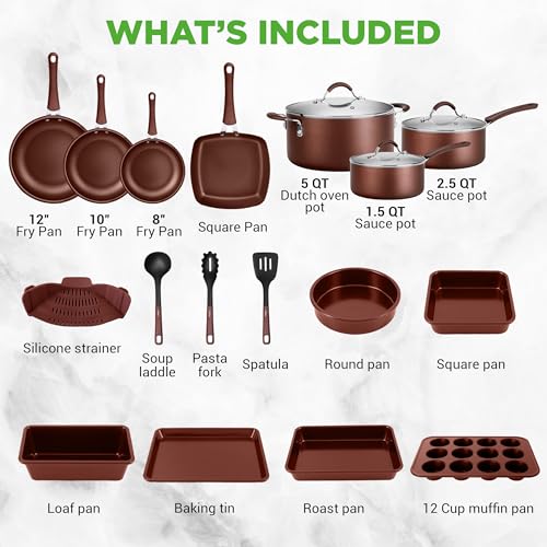 20 Piece Professional Home Kitchen Cookware and Bakeware (Brown)