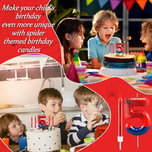 13 Pcs Spider Themed Birthday Candle Set Red Spider Theme Number 5 Candle Cake Topper for Boys Girls Birthday Decoration Spider Party Decoration Supplies (13 Count)