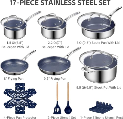 17 Pcs Pots and Pans Set Non Stick (Stainless Steel & Navy Blue)