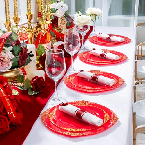 400PCS Pre Rolled Red Plastic Silverware Sets Heavy Duty for Wedding (Red - Classic)