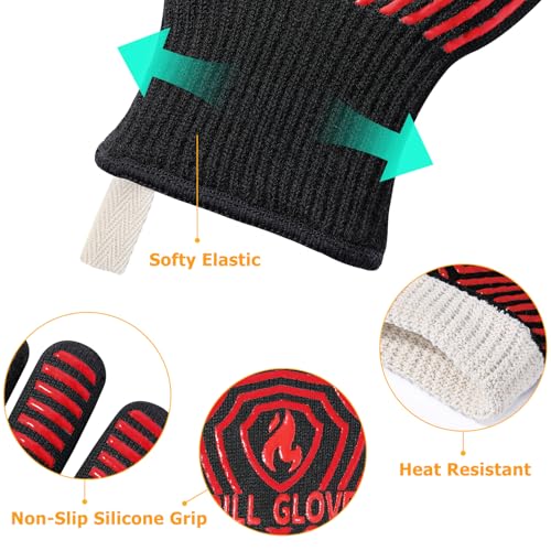 BBQ Gloves BBQ Accessories 1472℉ Extreme Heat Resistant (Black Red / One Size Fits Most(Regular Cuff))