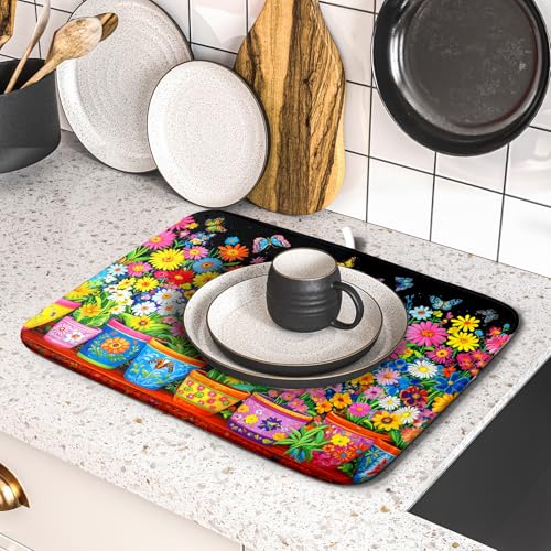 Colorful Floral Dish Drying Mat 16 X 18 Black Spring Flowers Absorbent Microfiber Kitchen Decor Counter Mats (Vintage Flowers Colorful / 18" x 16")