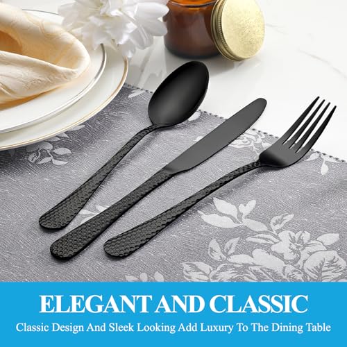 60 Pcs Black Hammered Silverware Set Service for 12 (Black)