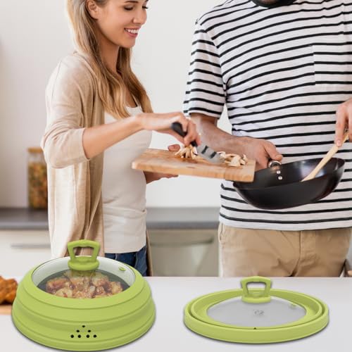 Microwave Splatter Cover Vented Glass Splatter Guard Lid with Collapsible Silicone for Food as Pot Cover 11.8 inch Large Plate for 6 7 8 9 10 11 inch Plate Bowl (Regular style 11.8 inch / Green)