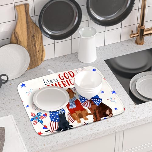 4th of July Patriotic Dogs Dish Drying Mat American Independence Day Dish Dry Pad 16"x18" Absorbent Dishes Drainer Mat for Kitchen Counter (Patriotic Dogs / 16" x 18")