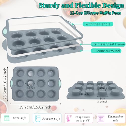 2Pack Silicone Muffin Pan with Metal Frame (2-Pack 12-Cup 3.14-Inch Muffin Pan / Light Grey)