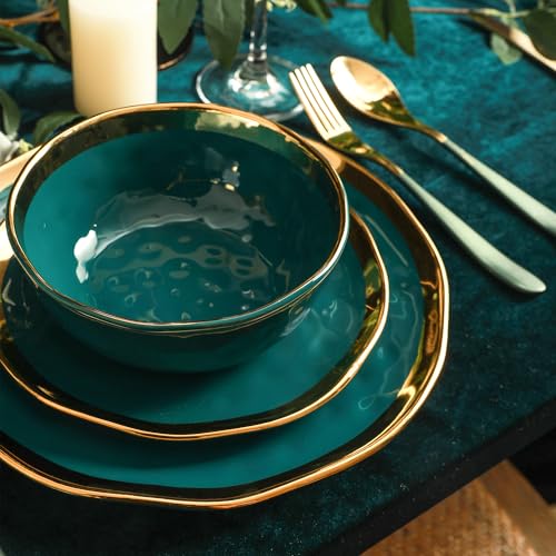 Florian Modern Porcelain 16 Piece Dinnerware Set (16-Pieces Service for 4 / Green with Gold Rim)