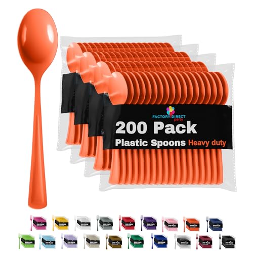Party Solids Orange Plastic Spoons 200 Pieces Orange Spoons Disposable Utensils Heavy Duty Plastic Cutlery Set Disposable Cutlery Sets Flatware Sets Silverware Set Party Supplies & Party Tableware (Orange / Spoons)