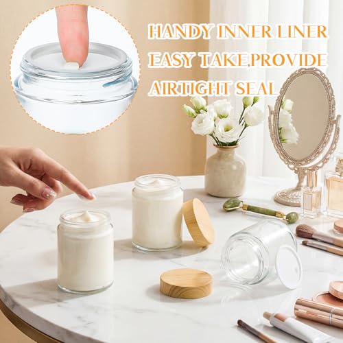 24 Pcs 6oz Glass Jars with Lids Empty Small Glass Containers and Inner Liners Reusable Cosmetic Jars Round Airtight Bottles with Plastic Wood Grain Lids for Travel (Natural Wood / 6 oz)