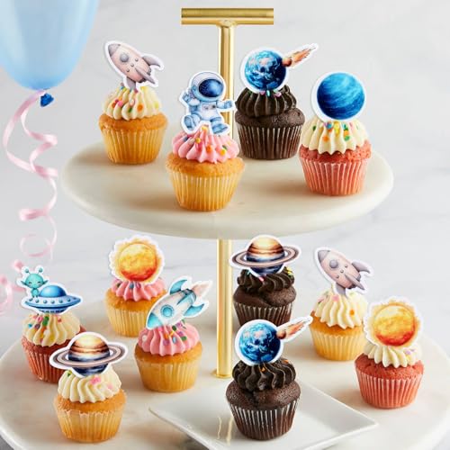 40Pcs Edible Space Astronaut Cupcake Toppers Solar System Galaxy Universe Planets Cupcake Picks Drink Topper for Outer Space Baby Shower Boys Blue Planet Birthday Party Cupcake Decorations (Edible Space)