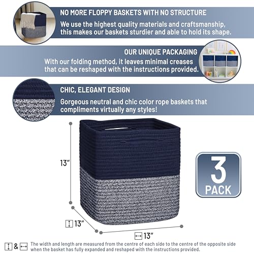 13 Inch Cube Storage Bins Cotton Rope Woven Baskets for Organizing 3 (Dark Blue & Mixed Dark Blue / 13 x 13 x 13 (Standard))