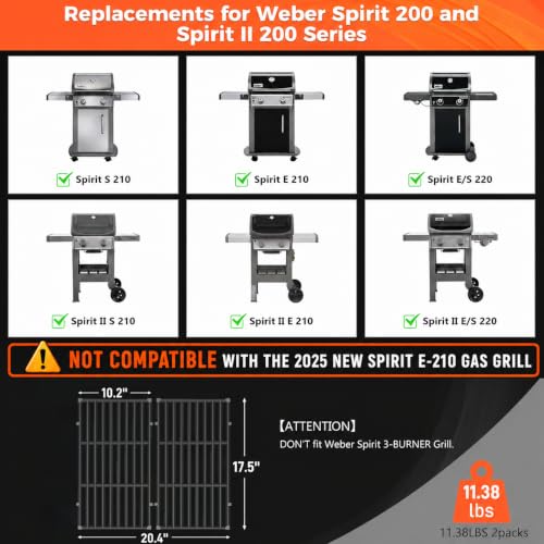 17.5 Inch Porcelain Grill Grates for Weber Spirit 200 Series Grills (17.5" x 10.2" – 2 Pack)