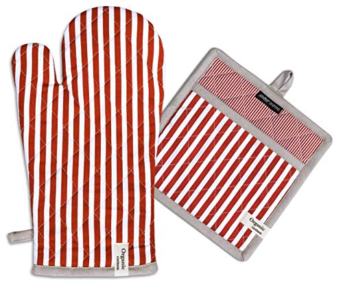 Striped Pot Holders and Oven Mitts Heat Resistant Non Slip Reusable Set of 1 Oven Mitt and 1 Pot Holder Oven Gloves Pot Holder for Cooking (7x13 inches & 8x8 inches / Stripe Rust)