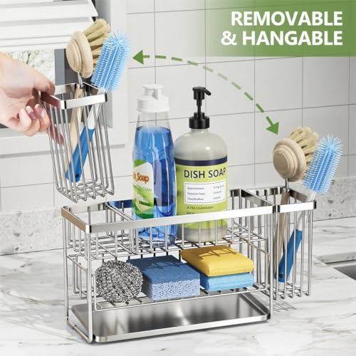 Silver 2 Tier Kitchen Sink Caddy Organzier Rack with Flexible Dish Brush Holder (Silver / Medium)