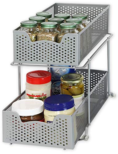 2 Tier Sliding Cabinet Basket Organizer Drawer (Silver / 1-Pack)